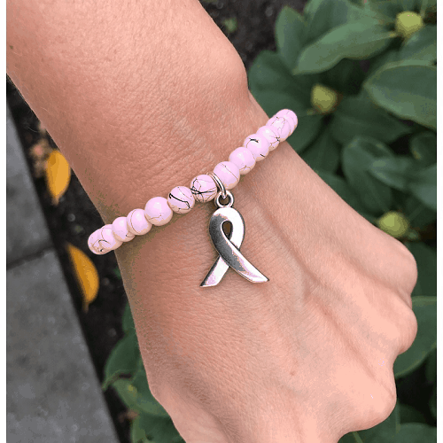 Pink Ribbon armbandje drip art kralen en bedel zilver