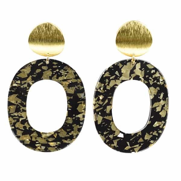 Ovale oorbellen resin glitter goud zwart 600