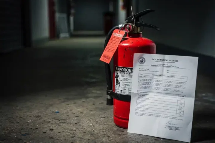 Rood getagde brandblusser naast een handhavingsbevel op betonnen vloer in een donkere commerciële gang.