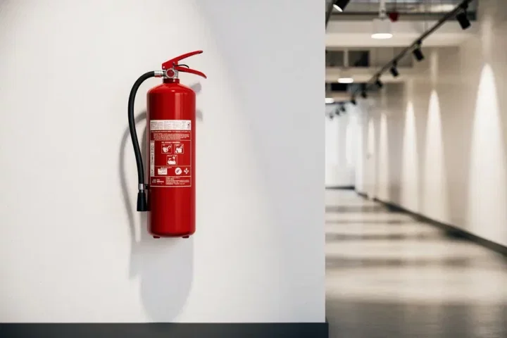 Rode brandblusser bevestigd aan witte kantoorgang muur, met sprinklersysteem zichtbaar aan het plafond.