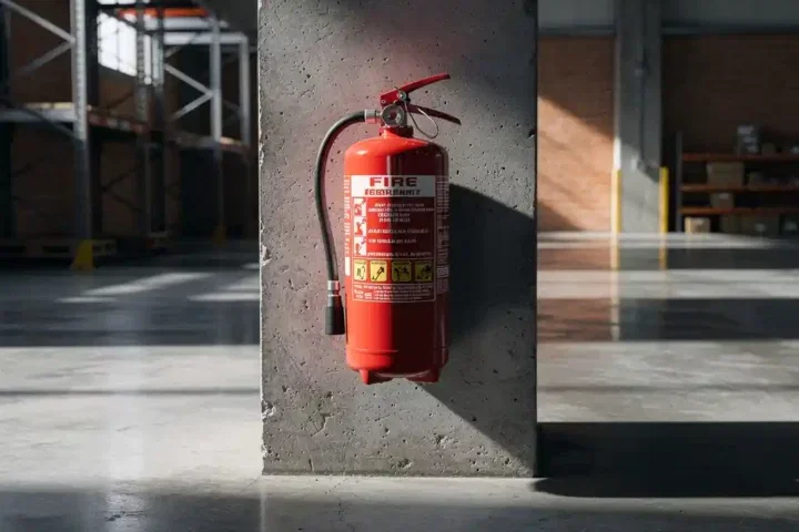 Rode brandblusser gemonteerd op betonnen pilaar in modern commercieel magazijn met industriële stellingen op de achtergrond.