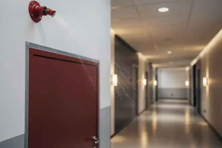 Rode sprinklersproeier op wit plafond met waterdruppels, brandwerende deur met expansiestrip en oranje noodverlichting in bedrijfsgang.