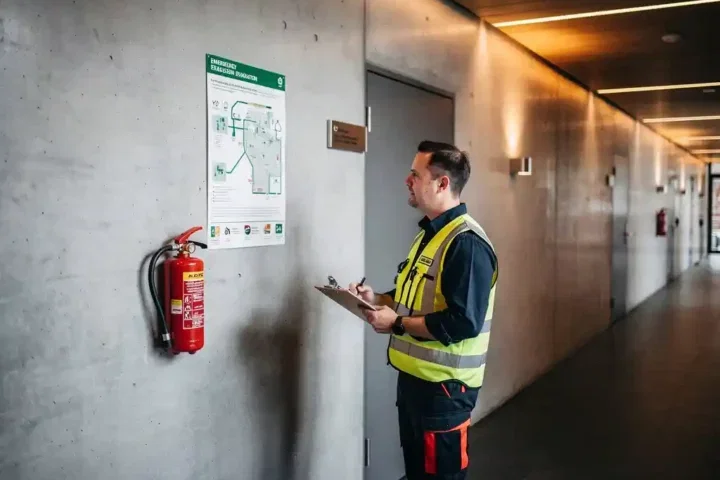 Brandveiligheidscoördinator in oranje hesje bestudeert evacuatieplan op betonnen muur, rode brandblusser zichtbaar in moderne Nederlandse bedrijfsruimte.