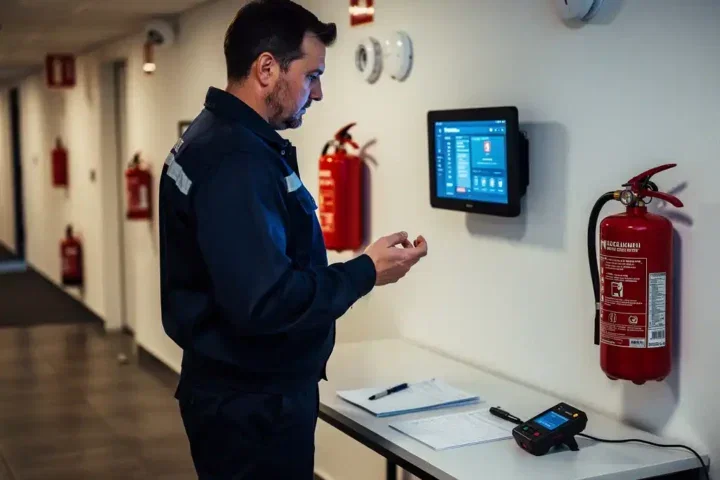 Brandveiligheidstechnicus inspecteert digitale tablet op kantoorwand, omringd door brandblussers en rookmelders.