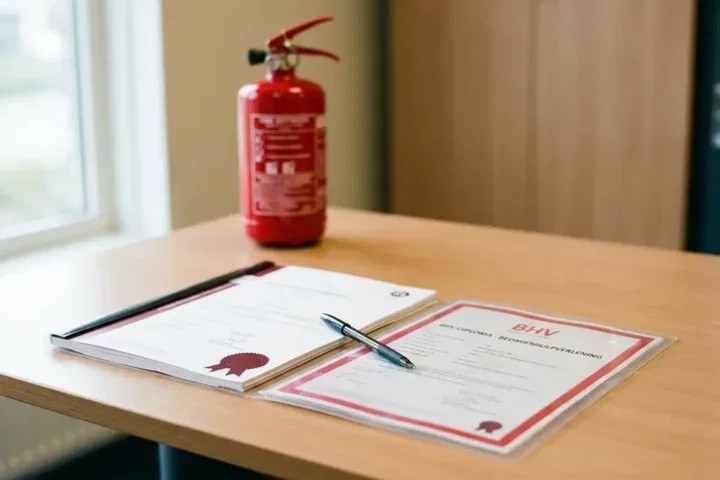 BHV-diploma en certificeringsdocumenten op bureaublad, rode brandblusser op achtergrond, pen op papieren, natuurlijk zijlicht.