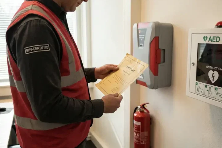 BHV'er in rood veiligheidsvest bekijkt verlopen certificaat naast EHBO-kit, brandblusser en AED op kantoorwand.