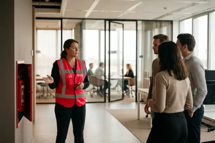 BHV-instructeur in rood veiligheidsvest leidt noodoefeningvoor collega's in modern kantoor met brandblusser op de voorgrond.