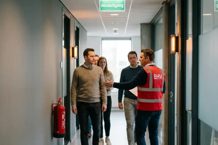 BHV-instructeur in rood veiligheidsvest begeleidt collega's tijdens ontruimingsoefening in modern kantoorgebouw.