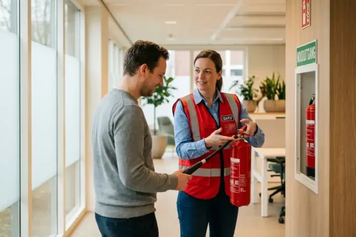 BHV'er in rood veiligheidsvest demonstreert brandblusser-techniek aan collega in modern kantoor, met wandblusser en vluchtroute-aanduiding zichtbaar.