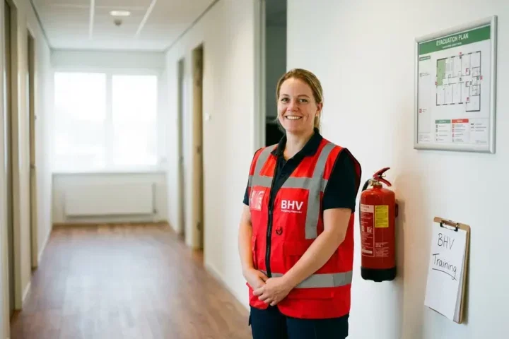 BHV'er in rood veiligheidsvest staat in moderne kantoorgang met brandblusser en trainingsklembord aan de muur.