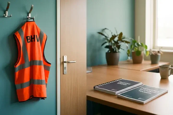 Oranje BHV-veiligheidsvest aan kapstok bij kantooringang, met EHBO-handboek en trainingsmap op bureau.