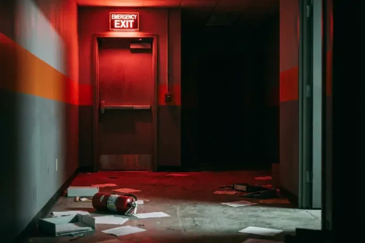 Verlaten kantoorgang tijdens evacuatie met rood nooduitganglicht, omgevallen brandblusser en verspreid papier op de vloer.