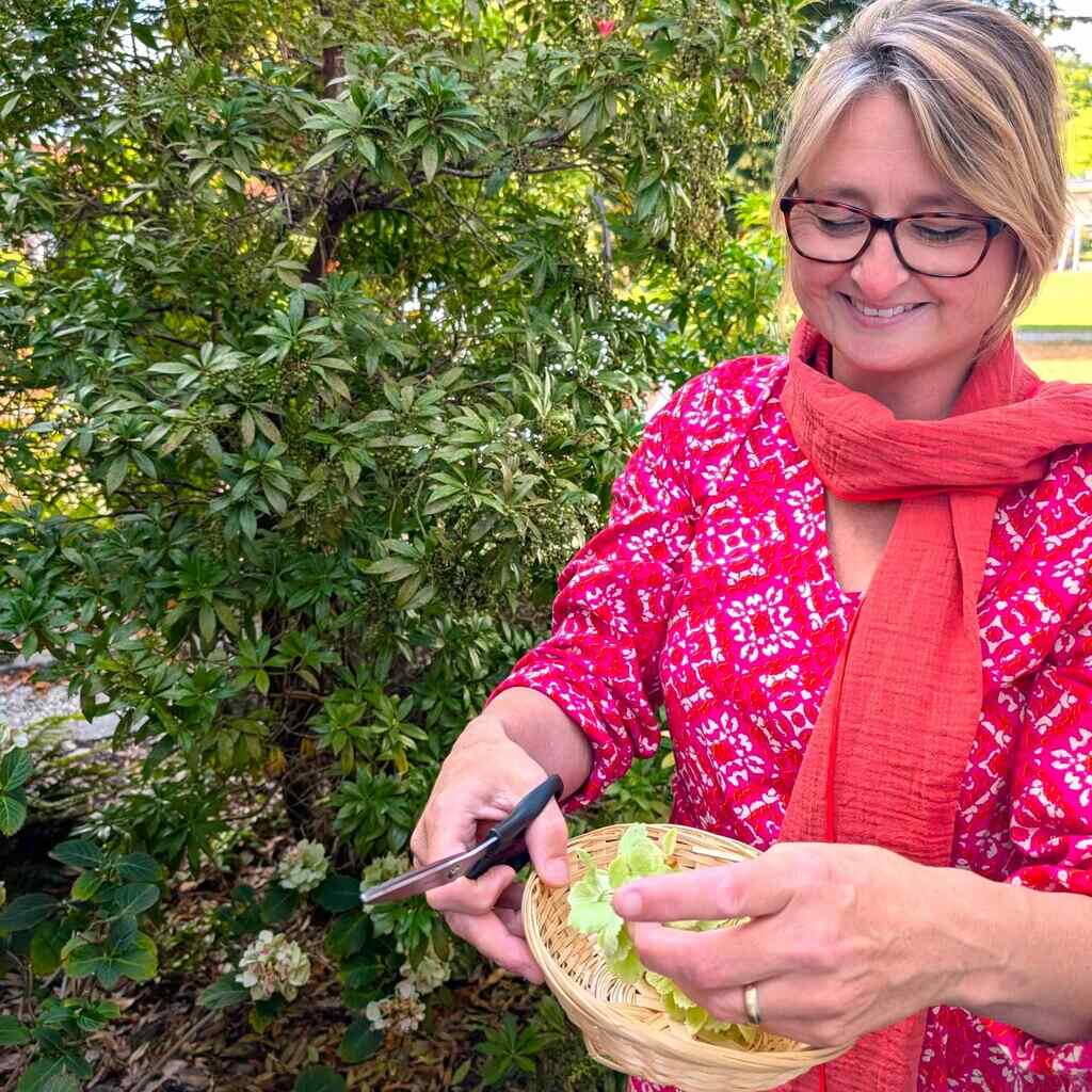 Shakti Bloemenmala Tonny Bol cursist plukt lachend Hortensia bloemen schaar mandje bloementuin workshop Shakti Summer Day Berg en Dal