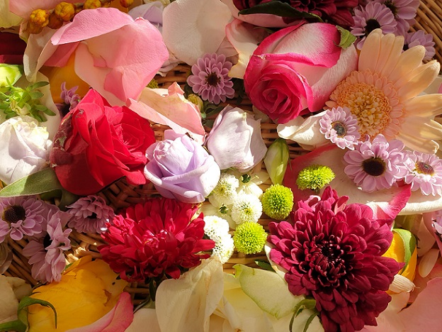 Shakti Bloemenmala, Tonny Bol, kleurige bloemen en bloemblaadjes in mandje